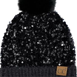NWT C.C Exclusive Women Winter Soft Knit Shiny Sequin Cuff Beanie Hat with Pom
